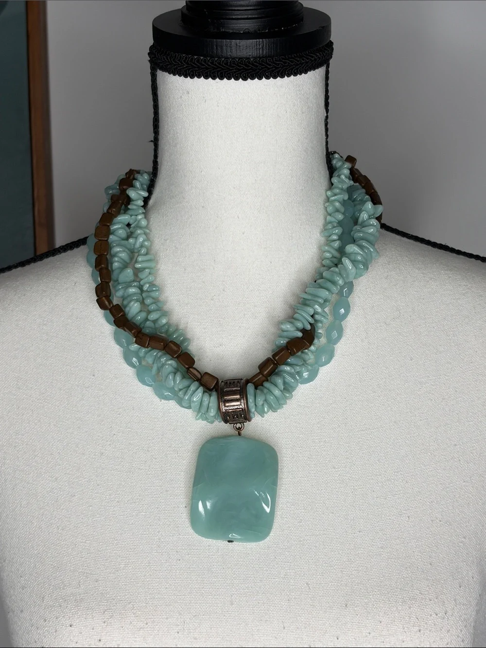 Boho Chunky Multi Strand Statement Necklace Faux Aqua Stone Acrylic